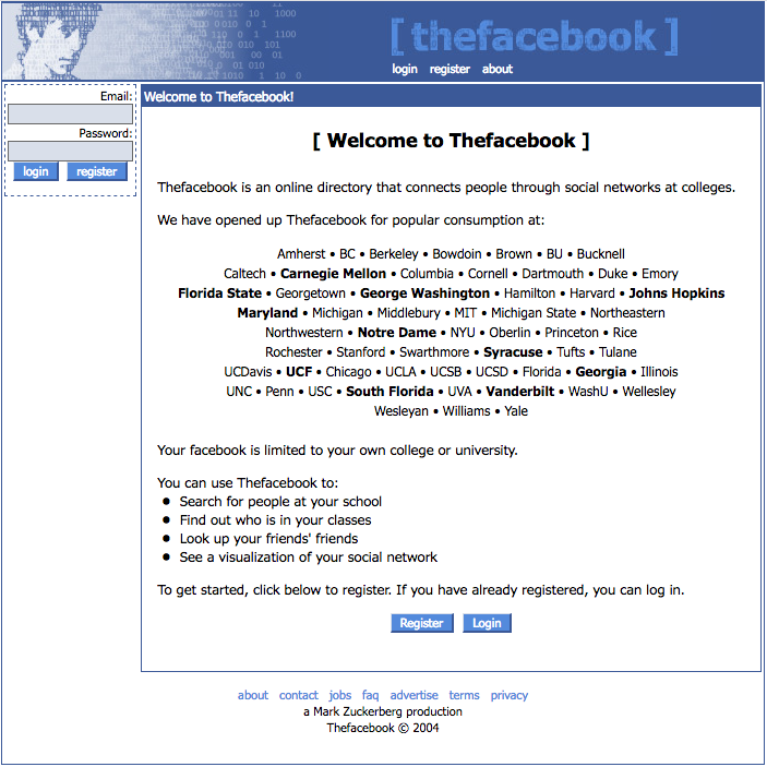 "The Facebook" login page with schools added (2004)